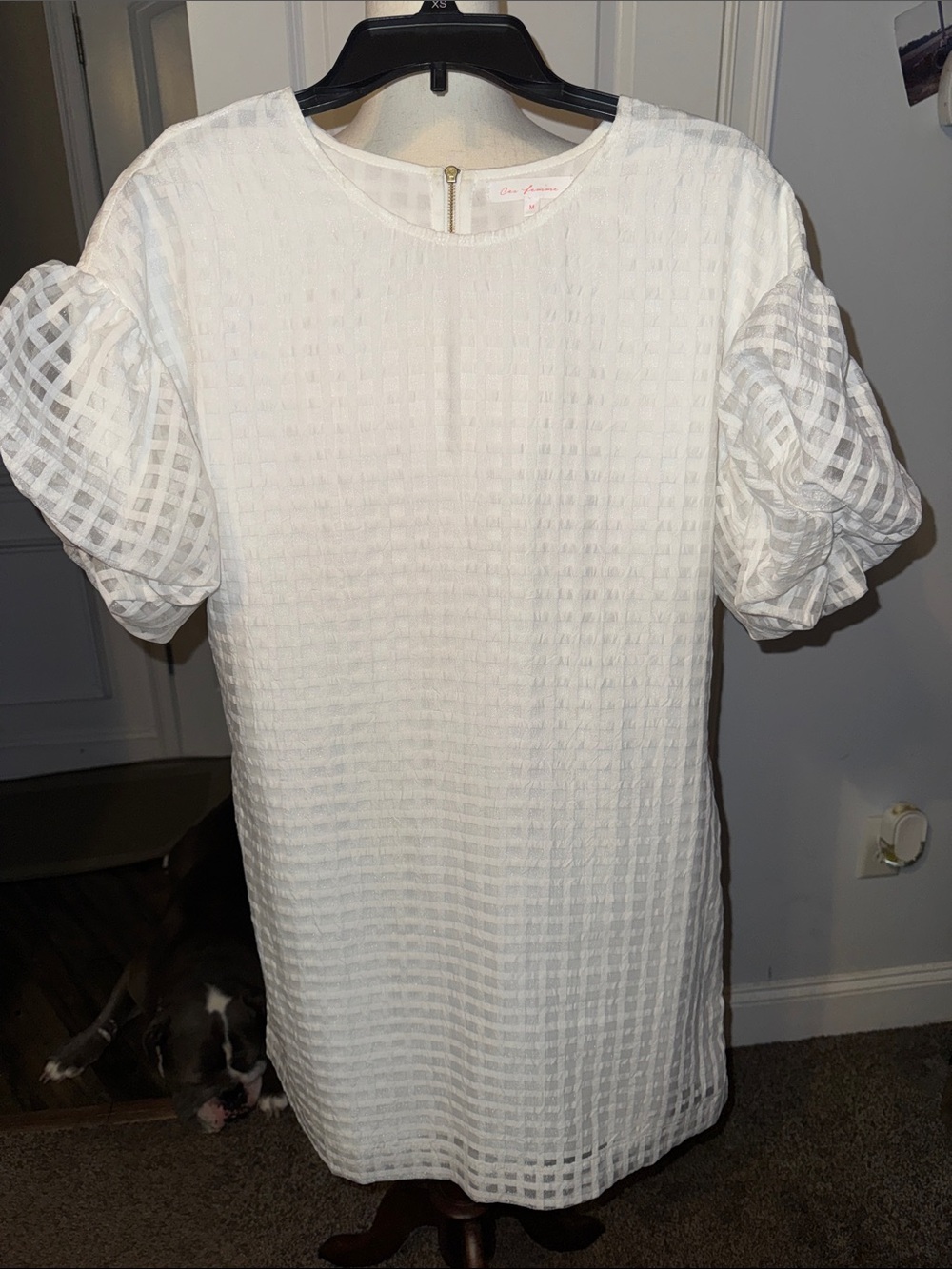 Ces Femme White Textured Puff-Sleeve Shift Dress